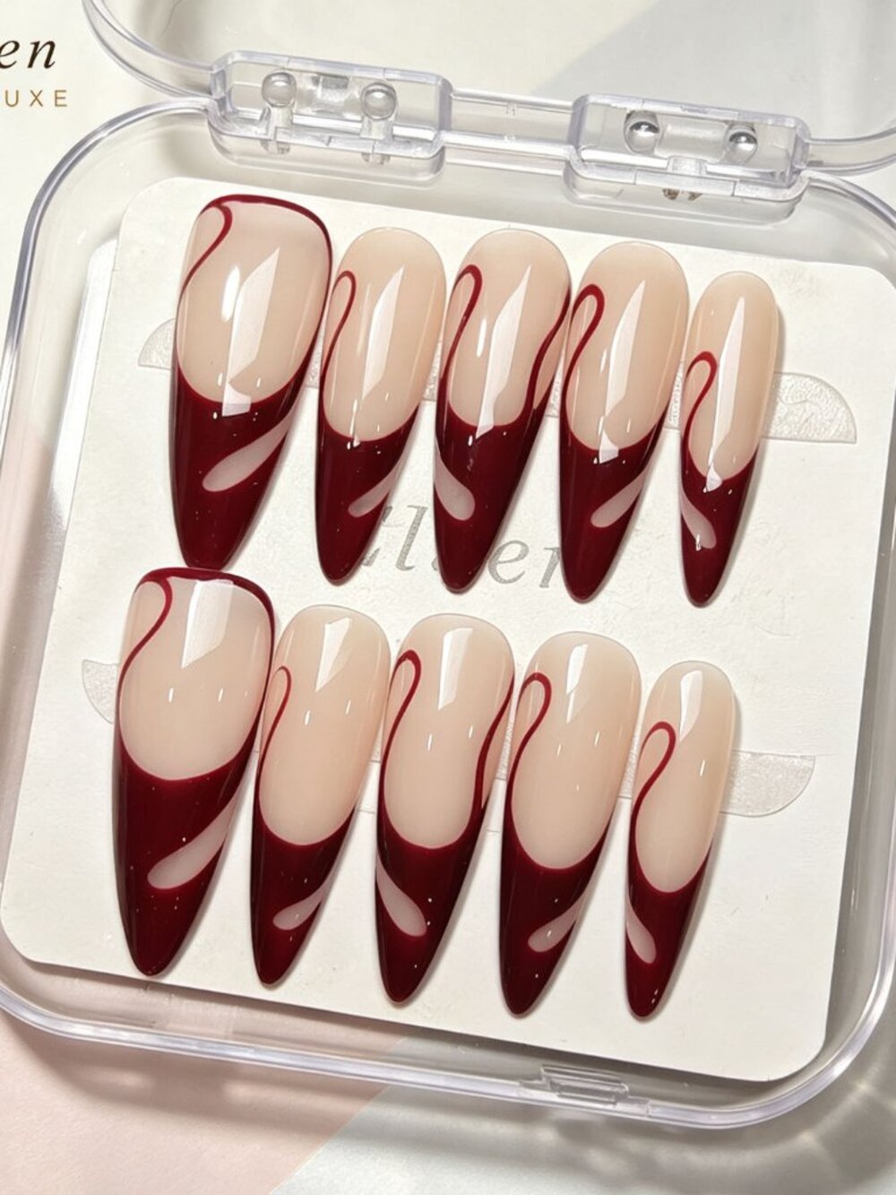 Burgundy and Nude Stiletto Handmade Press-On Nails